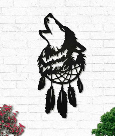 Native Wolf Dream Catcher Feathers Metal House Sign