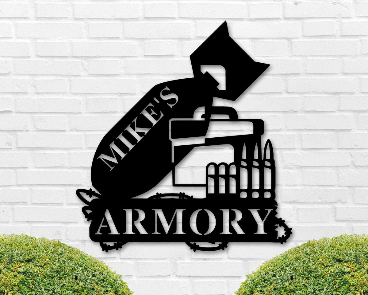 Armory Sign, Personalized Gun Name Sign, Gun Owner Gift, 2nd Amendment Gift, Veteran, Father's Day Gift, Hunting Gift, Ar15 Decor Gun Laser Cut Metal Signs Custom Gift Ideas