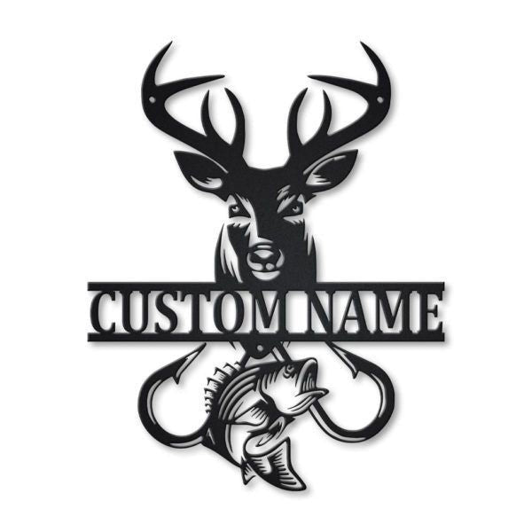 Deer Fish Hook Personalized Monogram Metal Wall Decor, Cut Metal Sign, Metal Wall Art, Metal House Sign Laser Cut Metal Signs Custom Gift Ideas