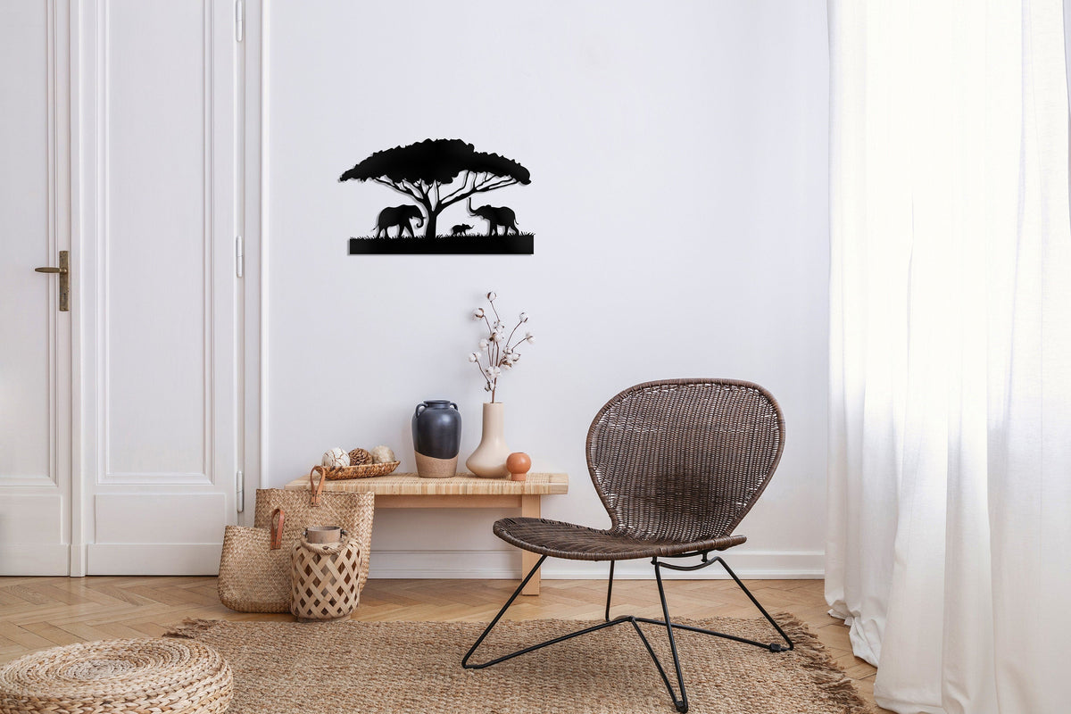 Africa Wall Art, Safari Animals Wall Decor, Elephants And Tree Wall Decor, Housewarming Gift, Above Bed Wall Decor, Abstract Safari Art, Metal Laser Cut Metal Signs Custom Gift Ideas