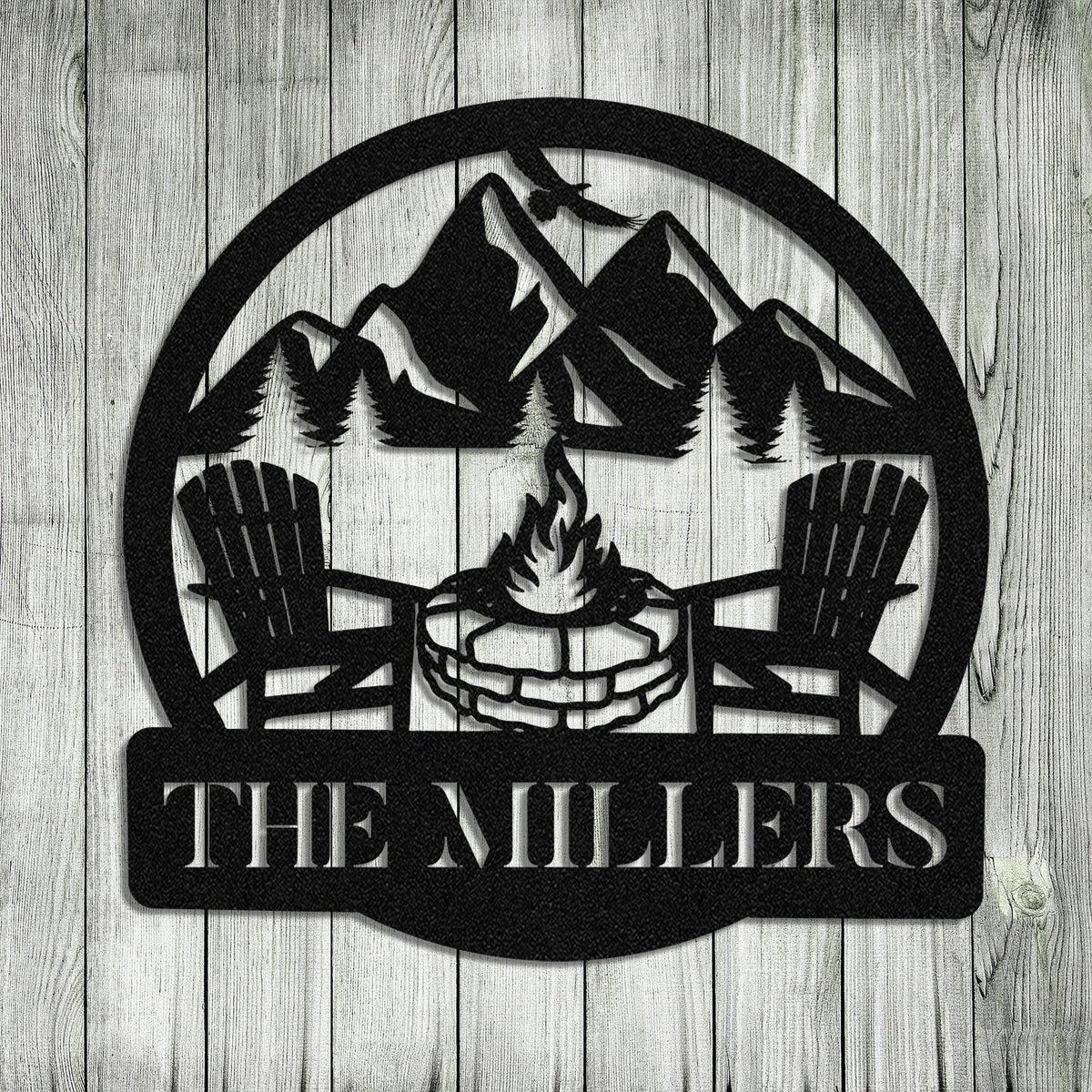 Personalized Family Name Campfire Camping Metal Sign Monogram, Metal Laser Cut Metal Signs Custom Gift Ideas
