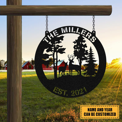 Personalized Family Name Date Deer Doe Hunting Metal Sign Monogram, Custom Outdoor Cabin, Lodge, Camp, Metal Laser Cut Metal Signs Custom Gift Ideas