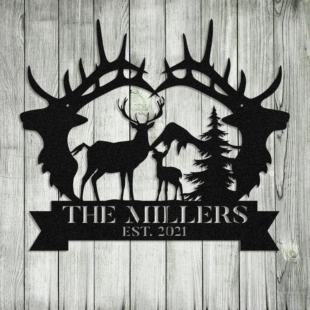 Personalized Family Name Date Deer Fawn Hunting Hunter Metal Sign Monogram Custom Outdoor Cabin Lodge Camp Wall Decor Art Gift For Him Dad