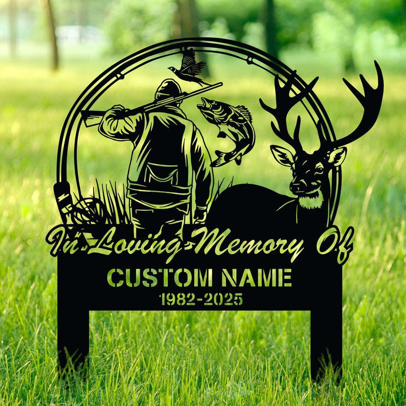 Personalized Hunting Memorial Stake Metal, Fishing Memorial Stake, Fisher Loss, Cemetery Stake, Grave Marker, In Memorial Of Gift