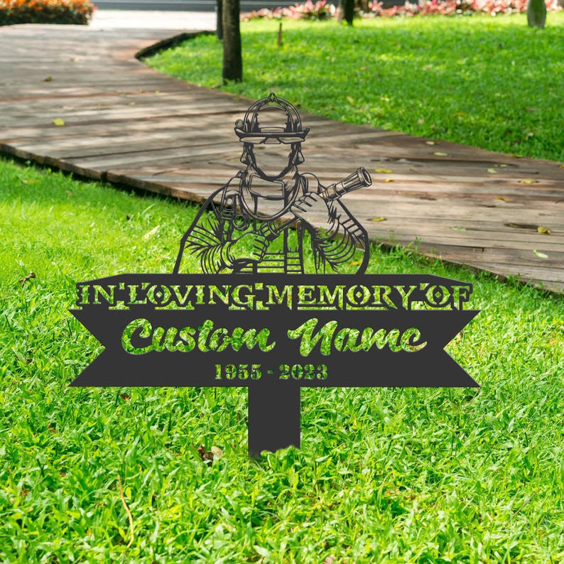 Personalized Firefighter Memorial Stake, Metal Sympathy Sign, Grave Marker, Gift For Firefighter, Gift Decor