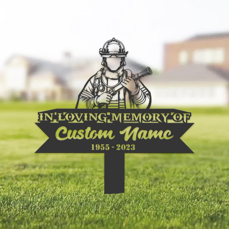 Personalized Firefighter Memorial Stake, Metal Sympathy Sign, Grave Marker, Gift For Firefighter, Gift Decor