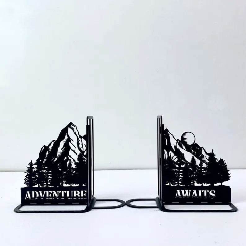 Custom Mountain Forest Metal Bookend For Desk Decor, Wild Forest Mountain Book End, Book Stand Black Metal Art, Book Nook Office Decor