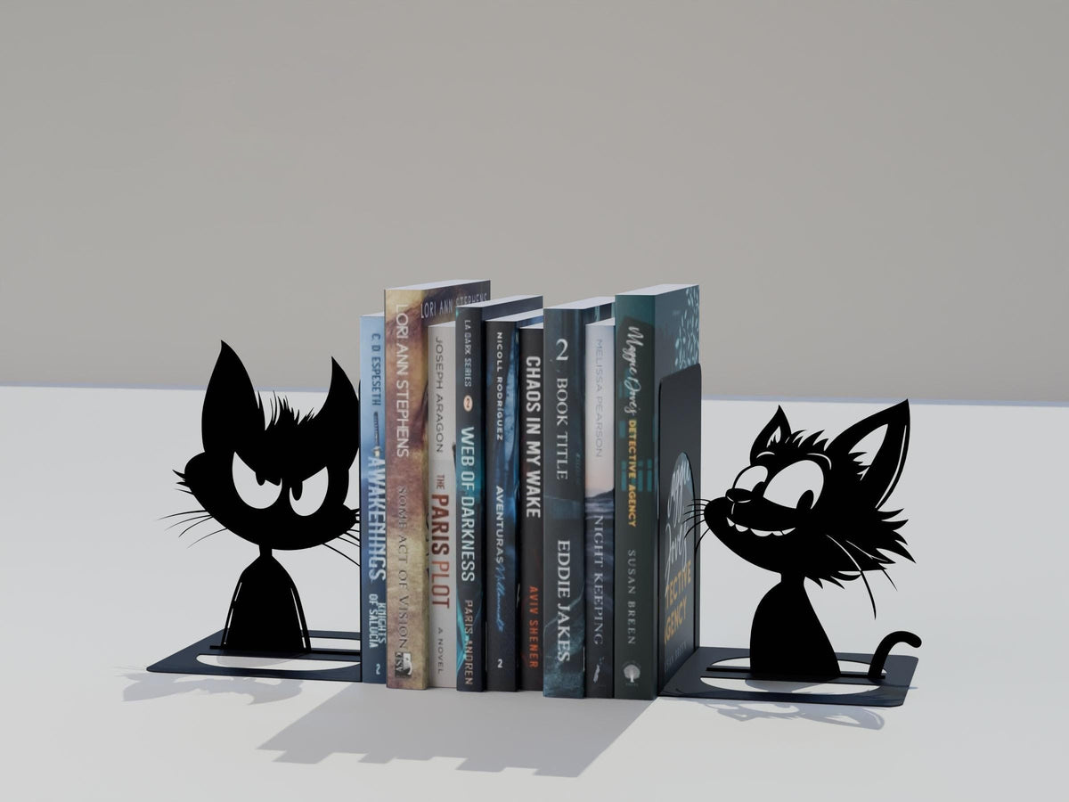 Bookends Unique Cat Black, Metal Art Set Bookends Iron, Cats Bookshelf Decoration