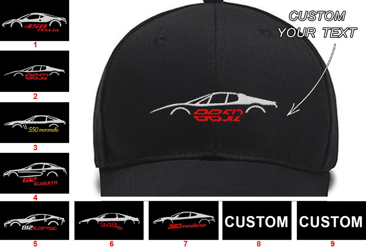 458 Italia 512 BB Specs 550 Maranello 612 Scagliett 812 Superfast 348 tb 360 ModenaCollection Embroidered Hats Custom embroidered Hat Custom Embroidered Hats