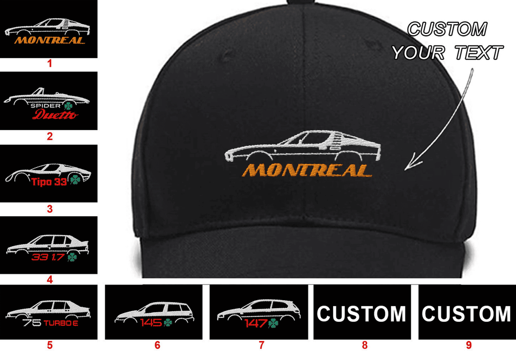 Montreal 1970-1977 Spider Duetto 1966-1969 Tipo 33 1967-1969 33 1.7 Turbo Quadrifoglio Verde 75 1.8 Turbo Evoluzione Embroidered Hats Custom Embroidered Hats