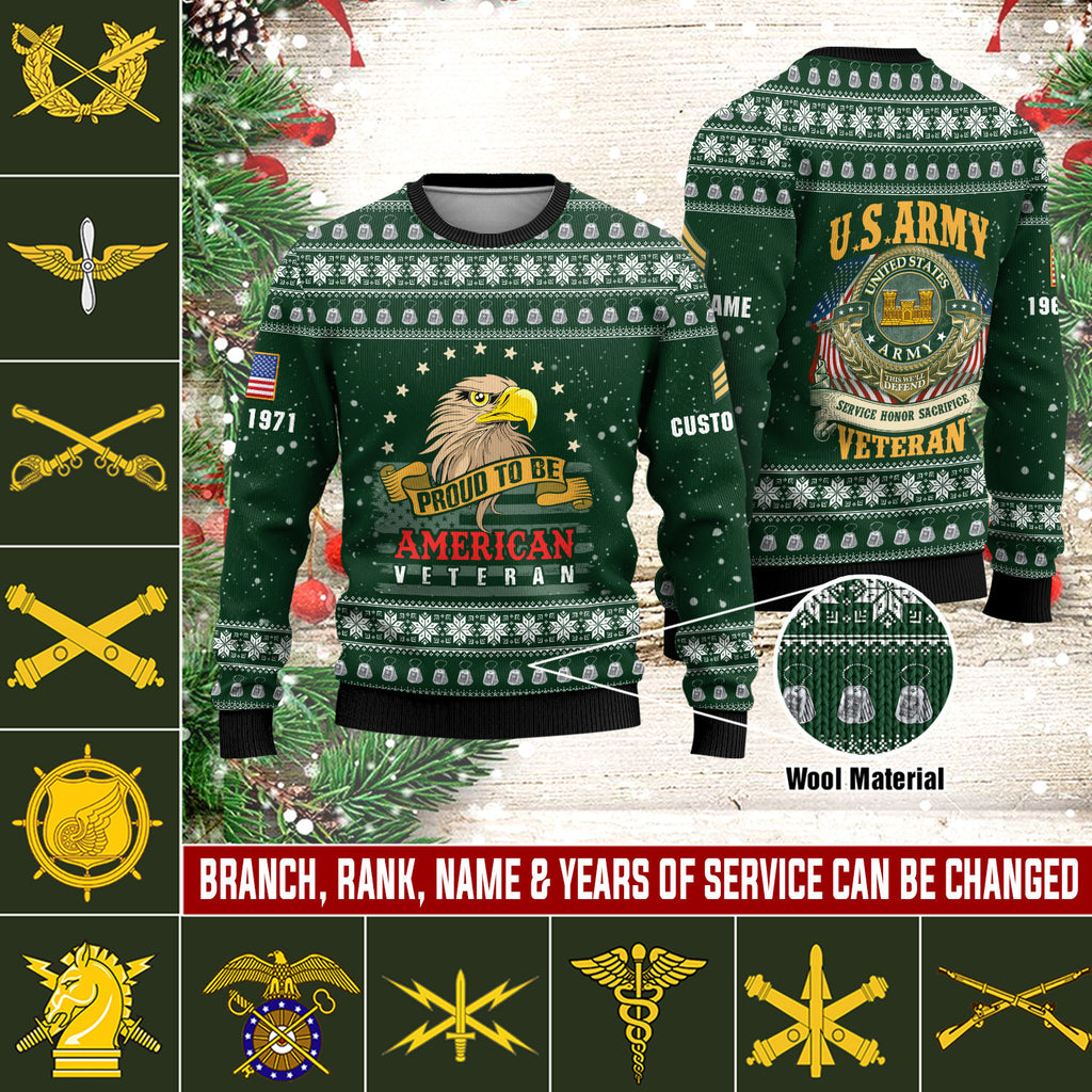 Personalized U.S. Branches Veteran Ugly Christmas Sweater - Custom Military Rank