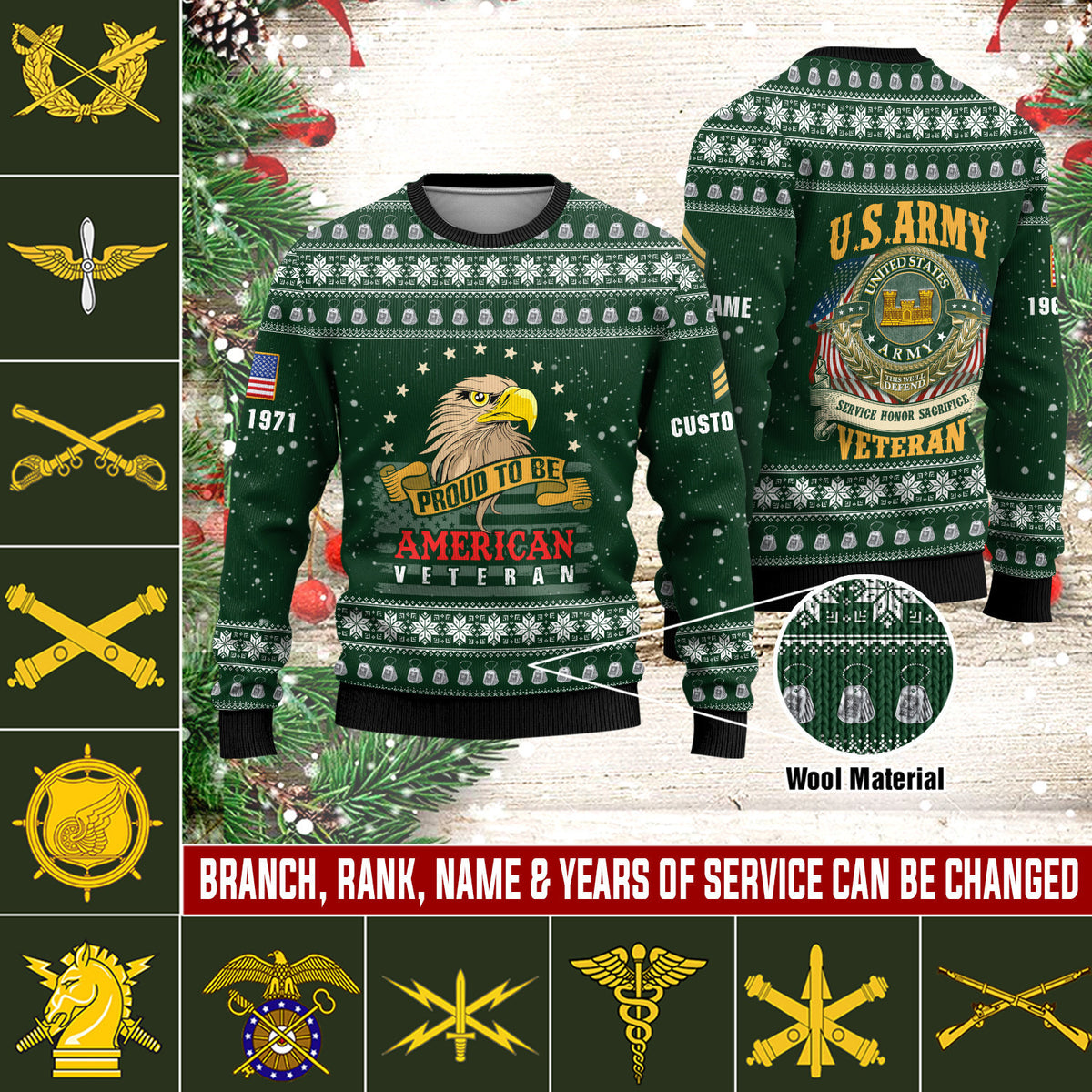 Personalized U.S. Branches Veteran Ugly Christmas Sweater - Custom Military Rank