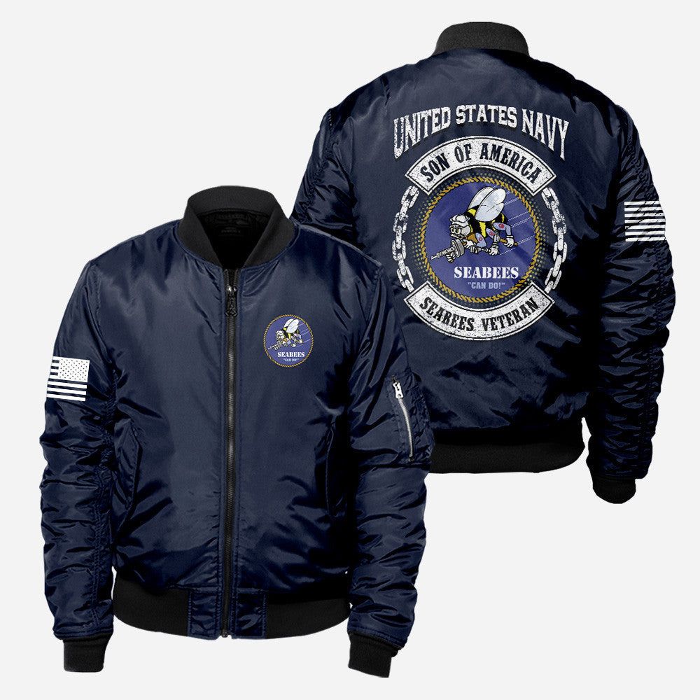 Us Navy Son Of America Seabees Veteran Navy Blue Bomber Jacket