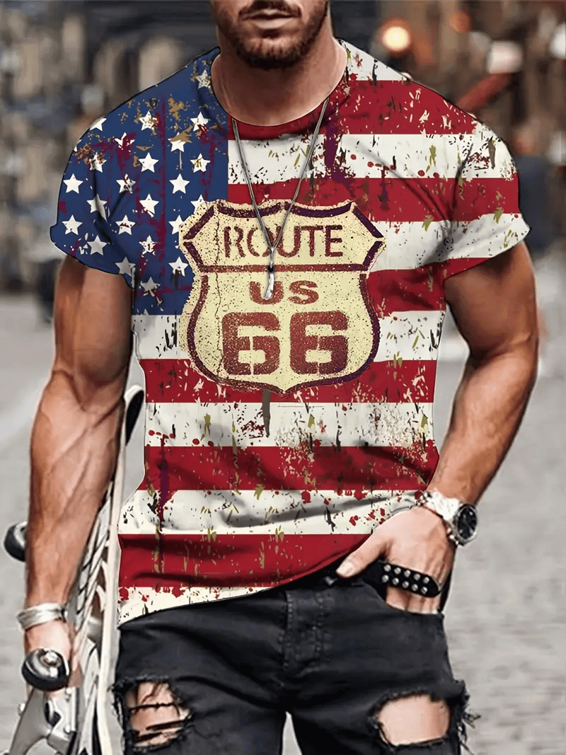 Classic Route 66 US Flag Printed T-Shirt