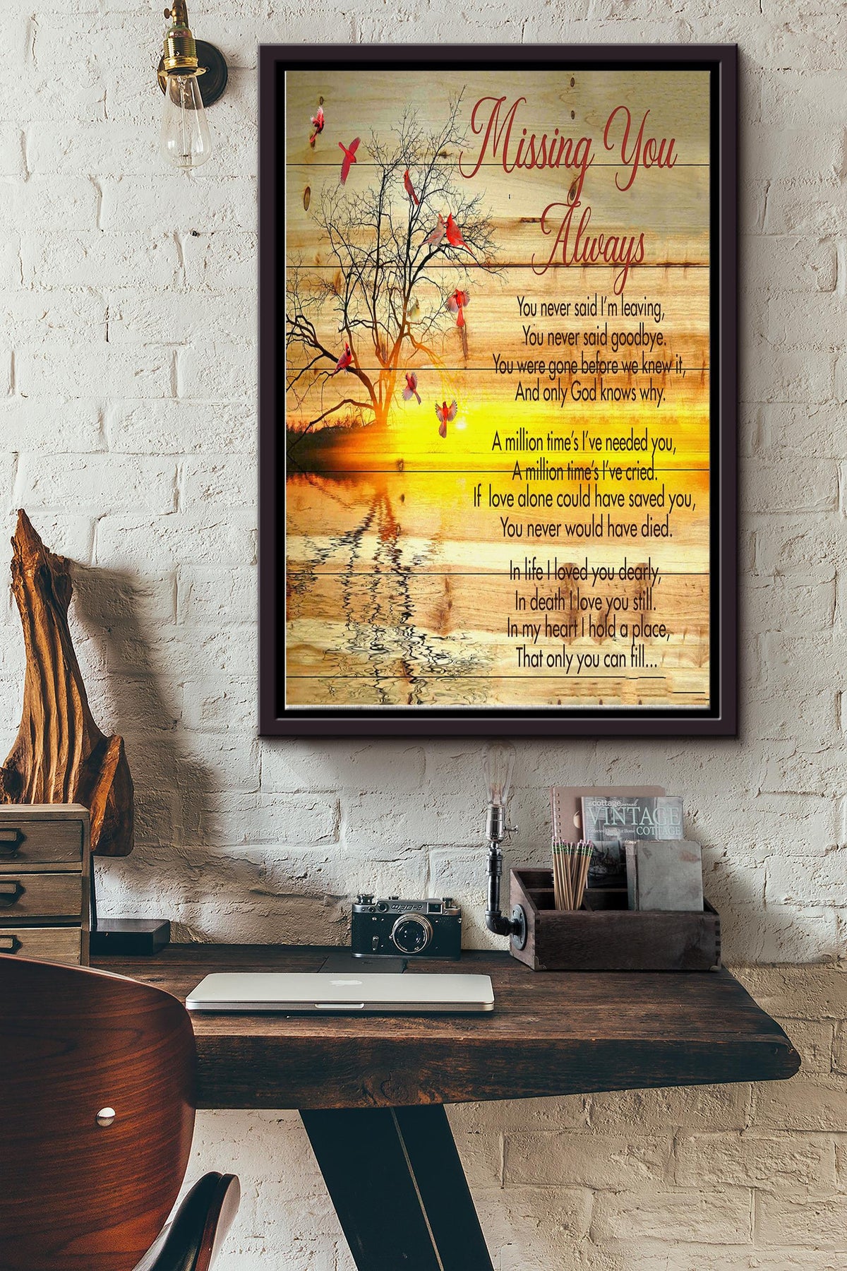 Missing You Always You Never Said Goodbye Cardinal Bird Autumn Poster Framed Matte Canvas