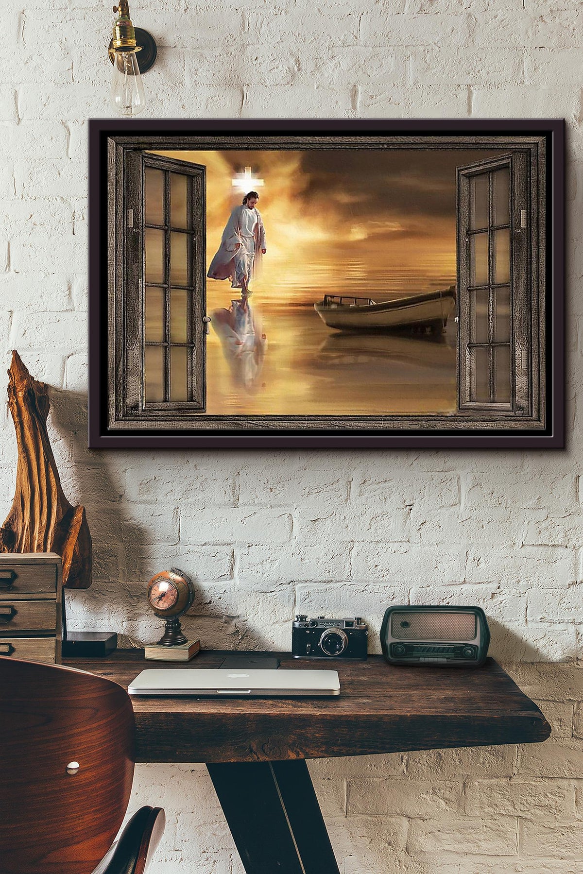 Jesus Walk To The Boat Window View Poster n Framed Matte Canvas