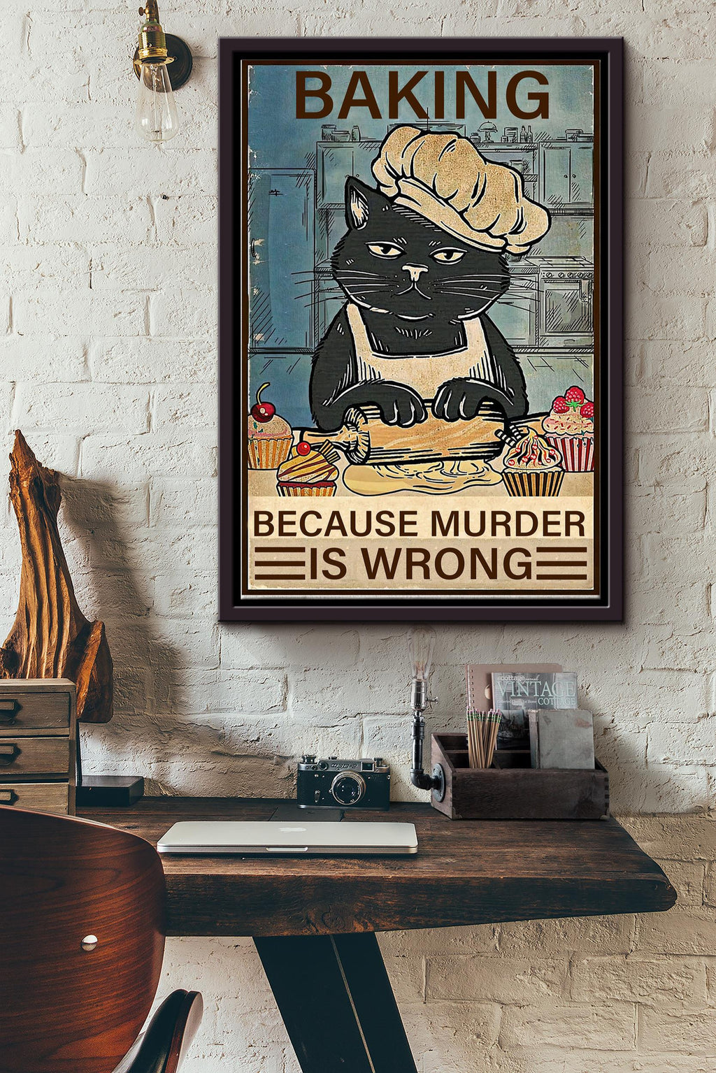 Black Cat Baking Because Murder Is Wrong Poster - Decor Wall Art - Gift For Baker Bread Baker Bakery Framed Matte Canvas Framed Prints, Canvas