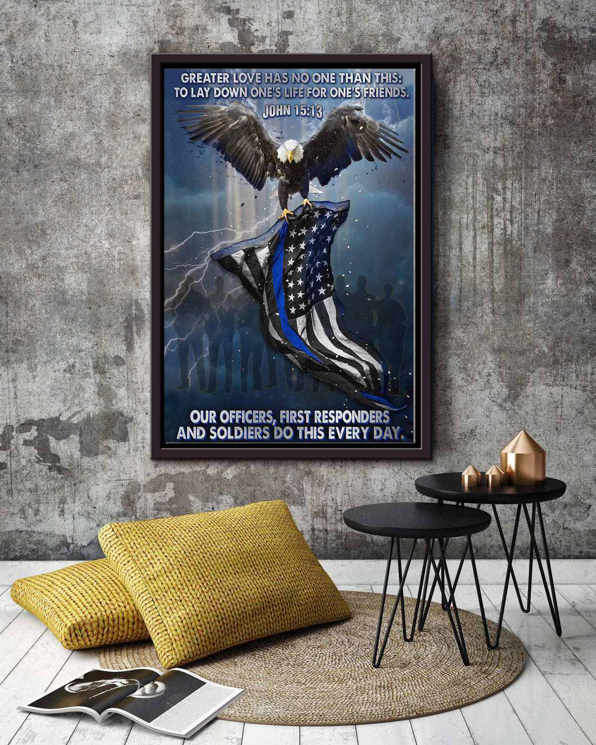 Memorial Day Patriotic Military Soldier Greater Love Quote Bible Wall Art Gift For Policeman Framed Canvas Framed Prints, Canvas