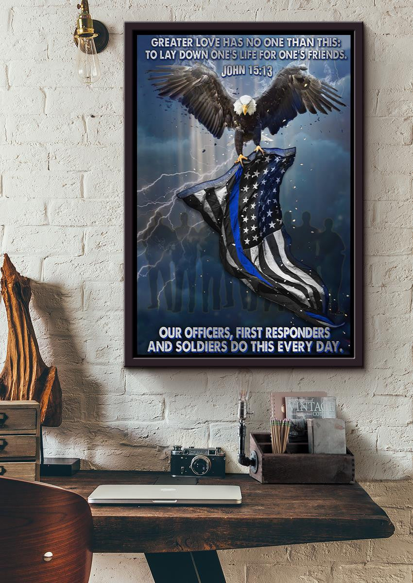 Memorial Day Patriotic Military Soldier Greater Love Quote Bible Wall Art Gift For Policeman Framed Canvas Framed Prints, Canvas