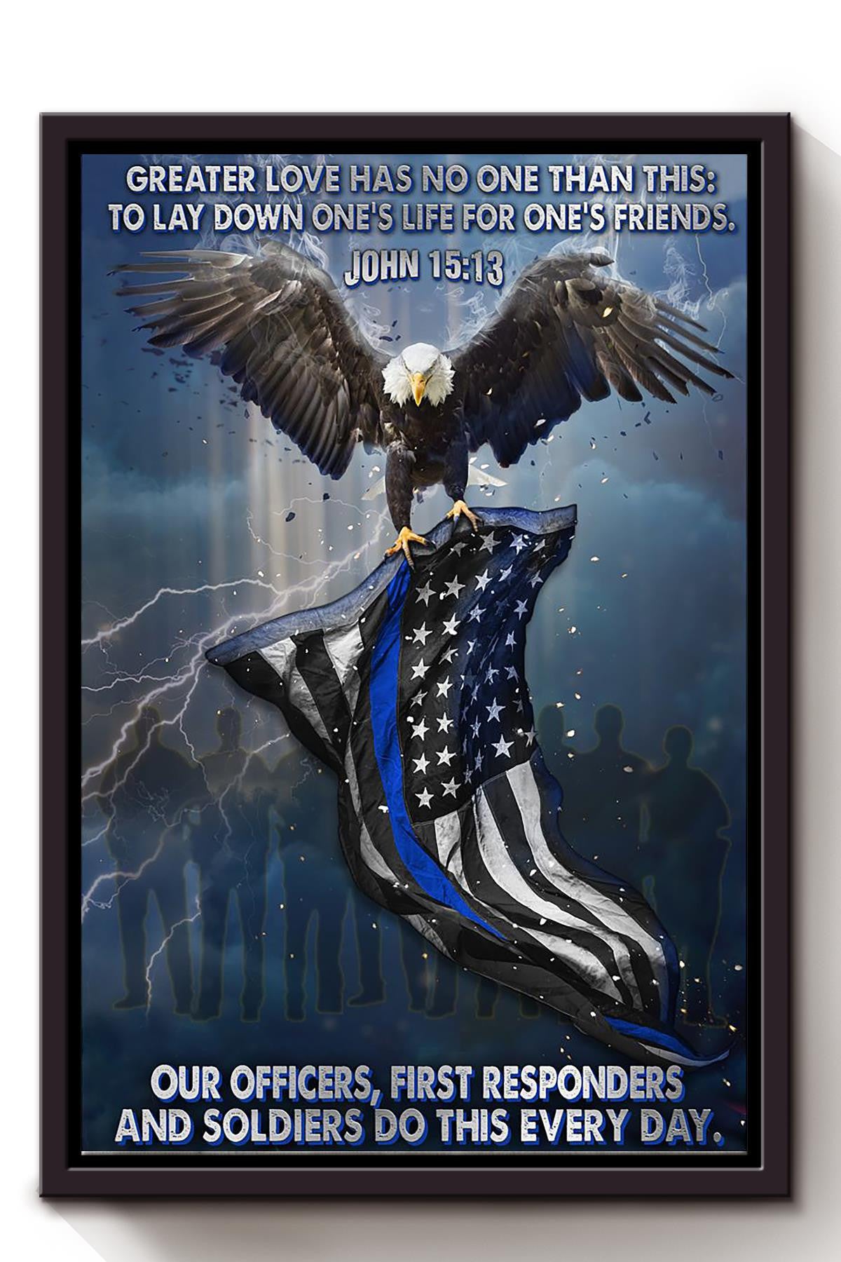 Memorial Day Patriotic Military Soldier Greater Love Quote Bible Wall Art Gift For Policeman Framed Canvas Framed Prints, Canvas
