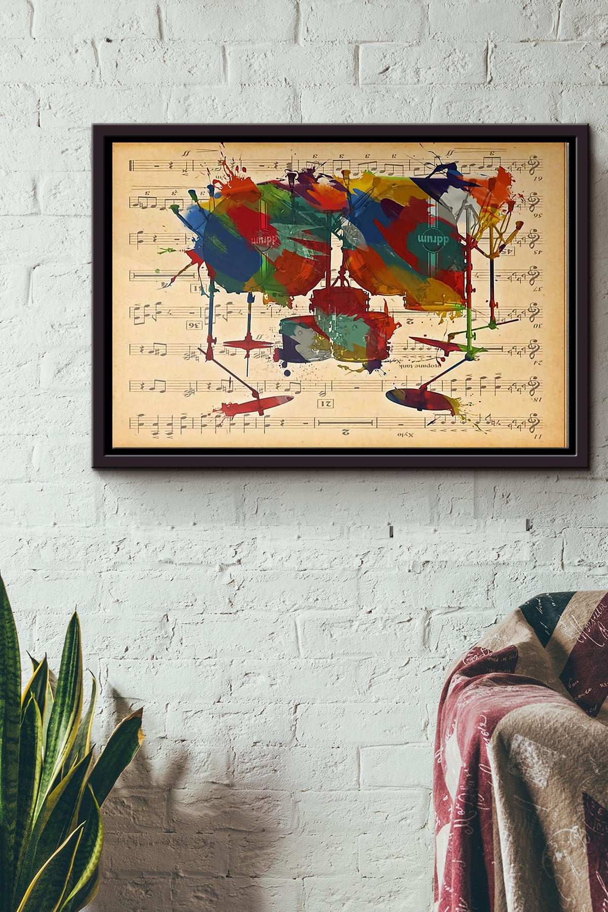 Drummer Colorful Drumset Music Sheet Poster n Framed Matte Canvas