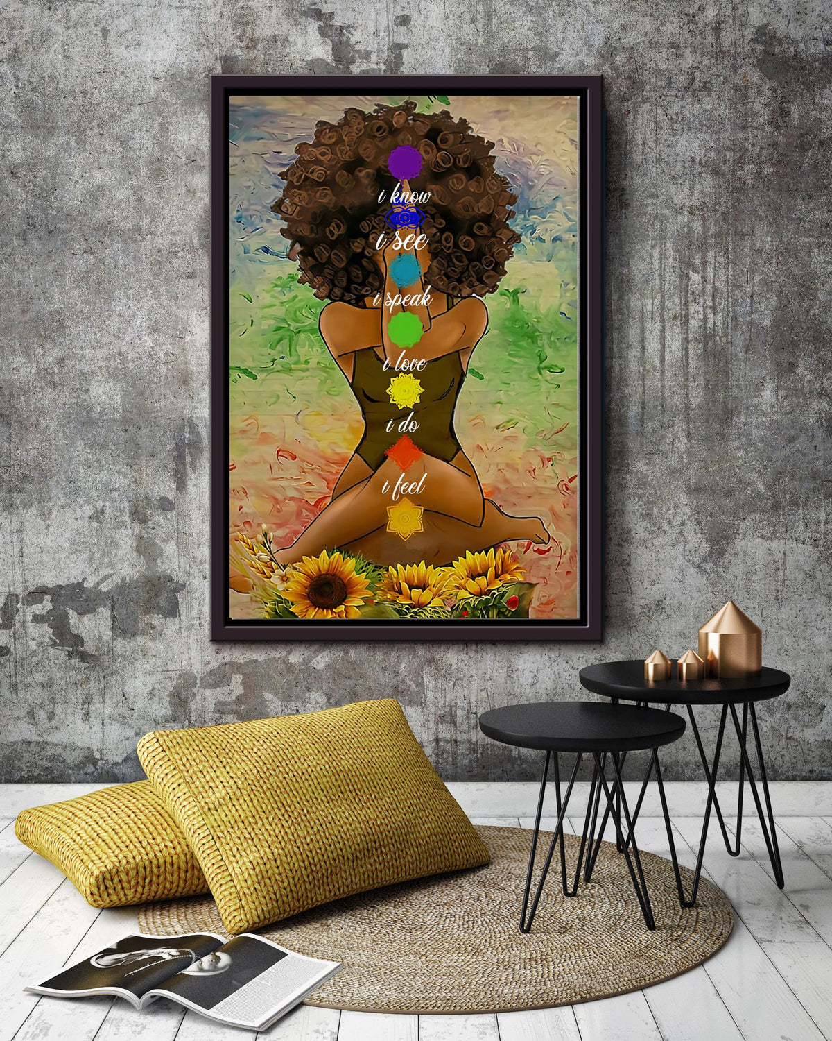 Black Girl Meditation Yoga Afro Woman Mandala Namaste Art For Yoga Lover Framed Canvas