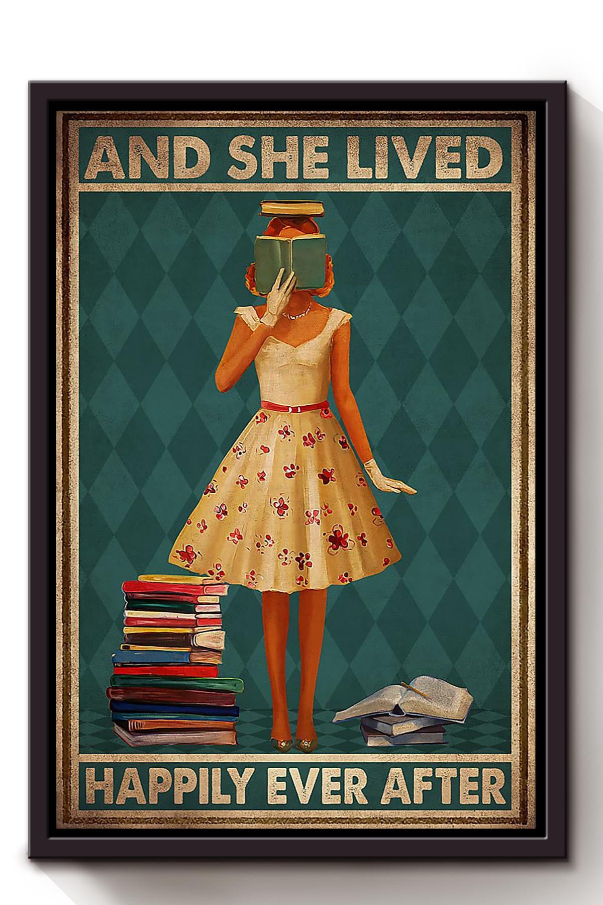 Girl Reading Book And She Lived Happily Ever After Vintage Wall Art Quote Gift For Bookworm Nerd Framed Canvas Framed Prints, Canvas