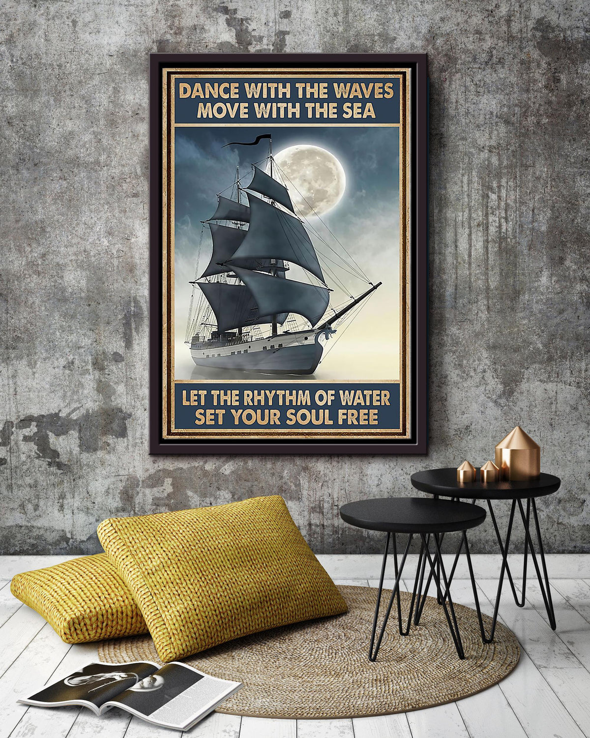 Dance With Waves Move With Sea Inspiration Quote Wall Art Gift For Sailor Adventure Lover Framed Canvas Framed Prints, Canvas