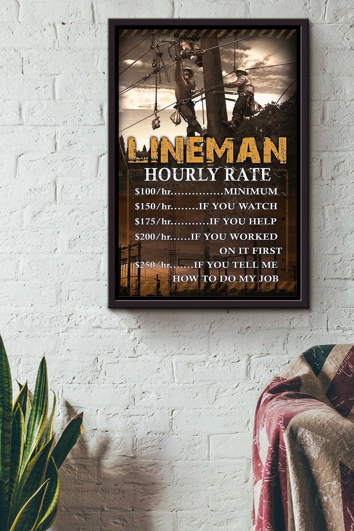 Lineman Hourly Rate Gift For Journeyman Electrician Electrical Repair Framed Canvas