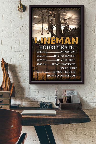 Lineman Hourly Rate Gift For Journeyman Electrician Electrical Repair Framed Canvas