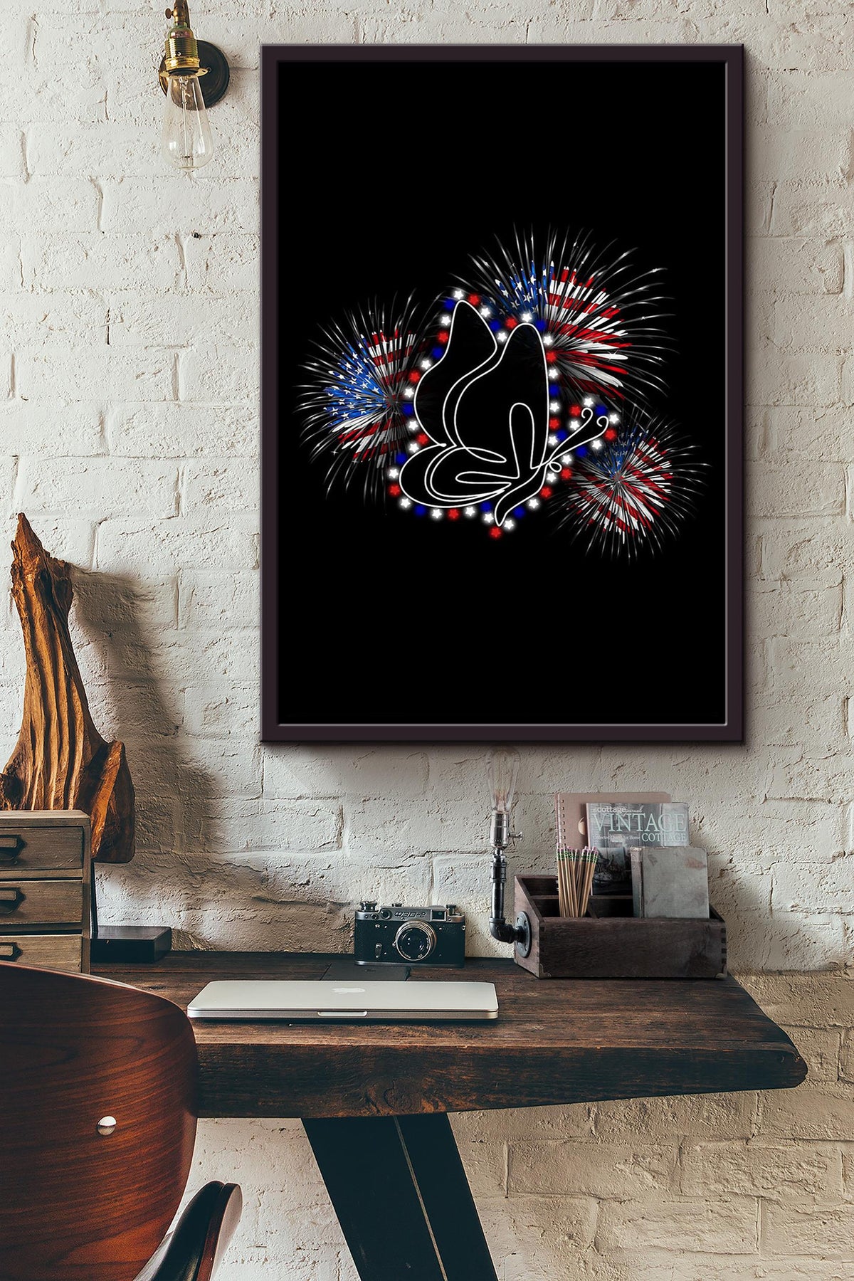 Butterfly Flag Fireworks Framed Canvas