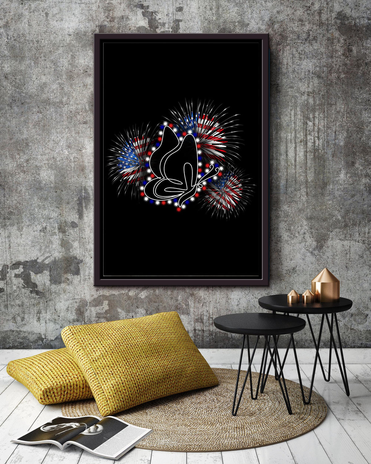 Butterfly Flag Fireworks Framed Canvas