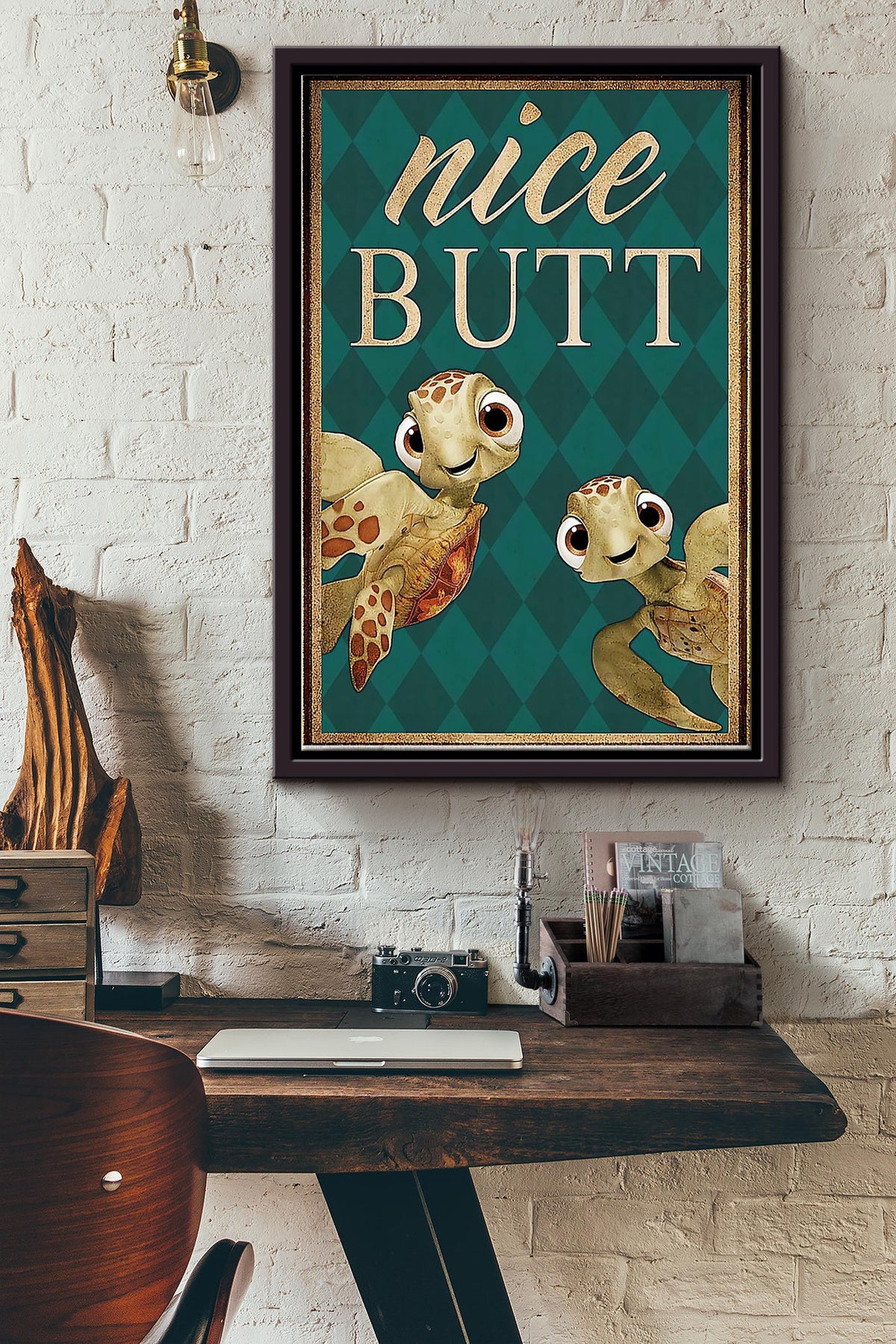 Little Turtles Have Nice Butt Vintage Poster - Animal Wall Art Canvas - Gift For Turtle Lover Animal Lover Sea Lover Bathroom Decor Framed Matte Canvas Framed Prints, Canvas