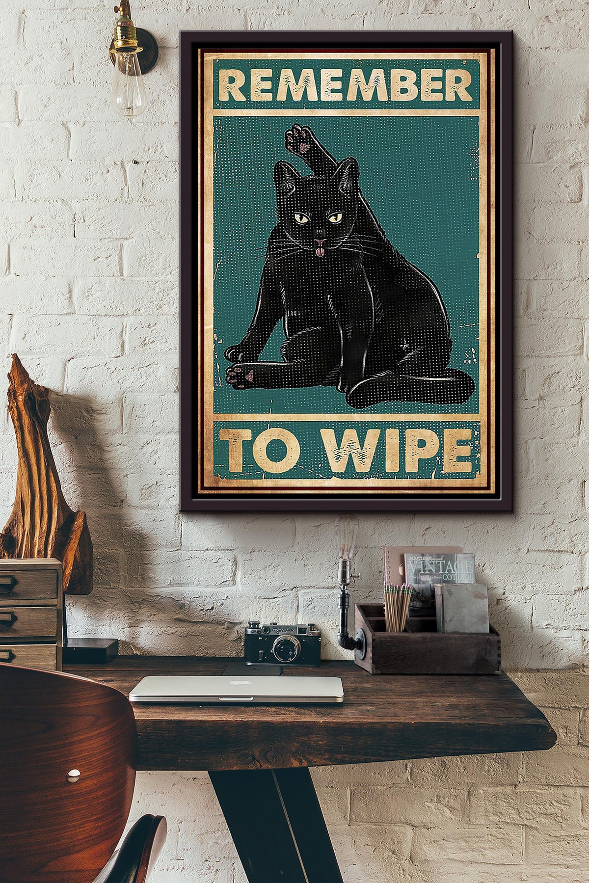 Black Cat Funny Meme Remember To Wipe Gift For Cat Lover Home Decor Housewarming Framed Canvas