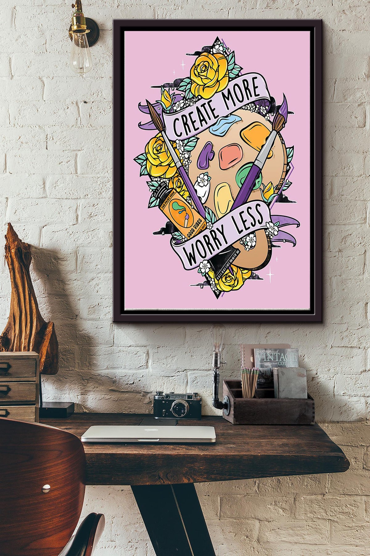 Create More Worry Less Painter Poster Framed Matte Canvas
