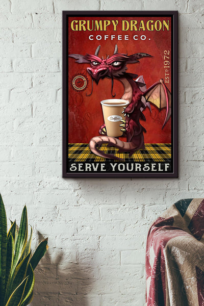 Grumpy Dragon Coffee Co. Serve Yourself Funny Quote Gift For Coffee Shop Decor Dragon Lover Framed Canvas