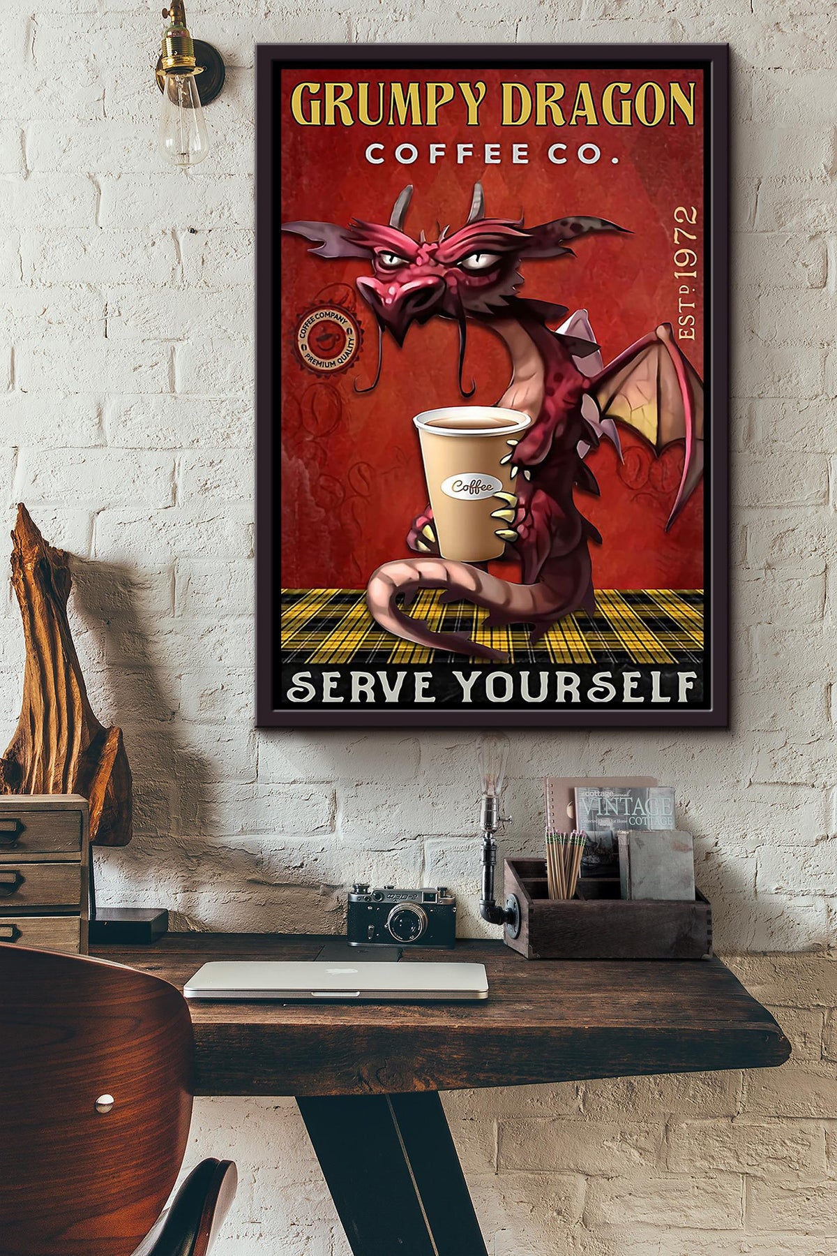 Grumpy Dragon Coffee Co. Serve Yourself Funny Quote Gift For Coffee Shop Decor Dragon Lover Framed Canvas