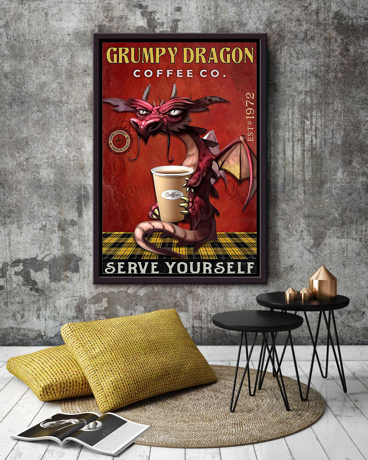 Grumpy Dragon Coffee Co. Serve Yourself Funny Quote Gift For Coffee Shop Decor Dragon Lover Framed Canvas
