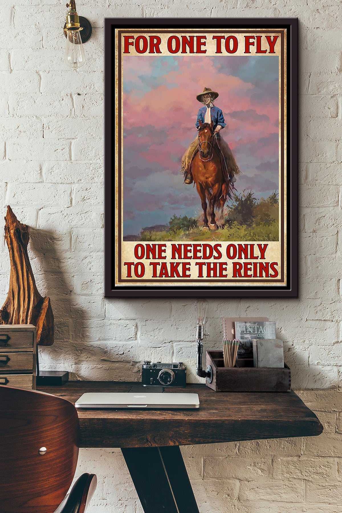 Cowgirl For One To Fly Poster - Animal Wall Art - Gift For Horse Rider Cowboy Farmhouse Decor Framed Matte Canvas Framed Prints, Canvas
