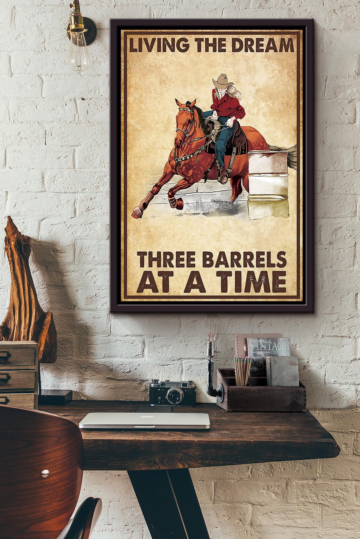 Living The Dream Three Barrels Cowgirl Poster Horse Riding Wall Art Cowgirl Cowboy Gift (3) Framed Canvas Framed Prints, Canvas