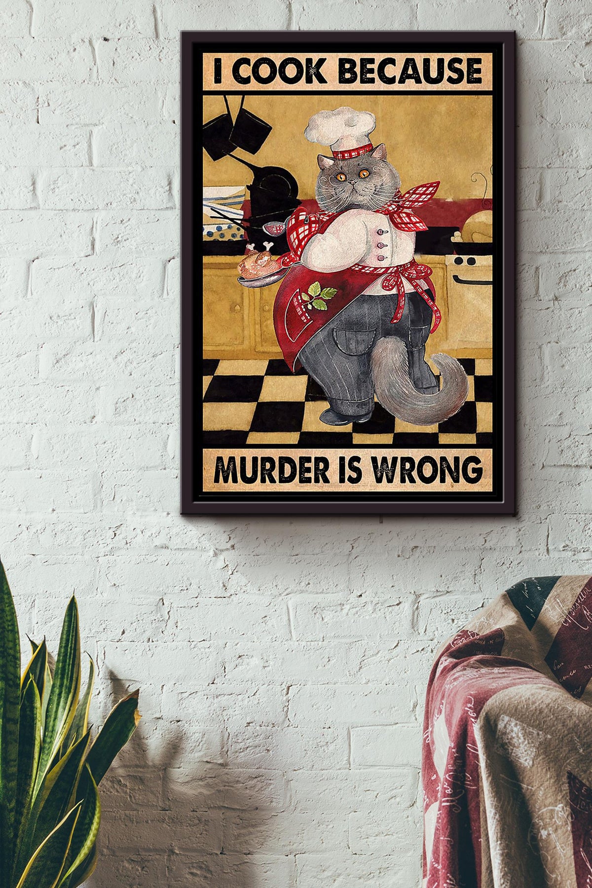 Cat Cooking Because Murder Is Wrong Funny Vintage For Kitchen Decor Framed Canvas