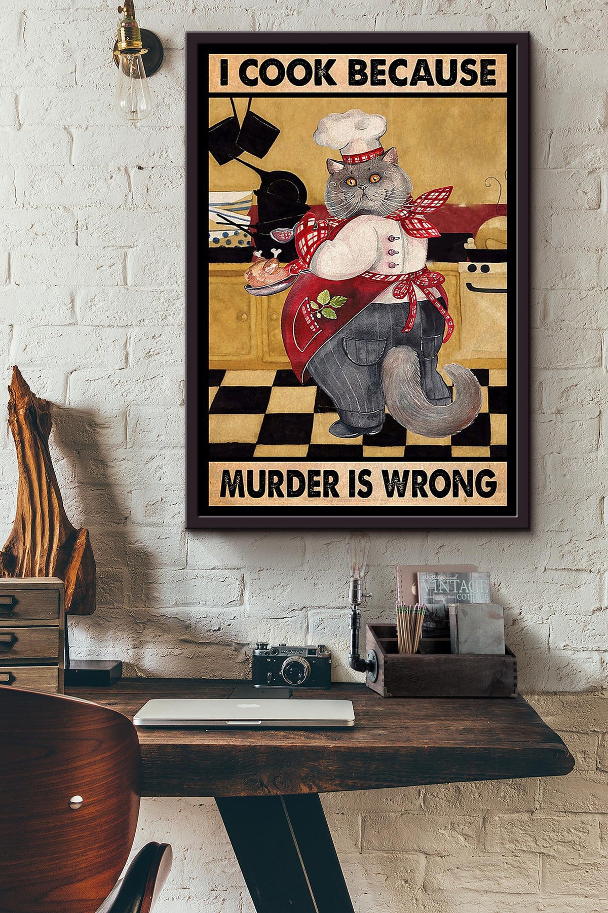 Cat Cooking Because Murder Is Wrong Funny Vintage For Kitchen Decor Framed Canvas
