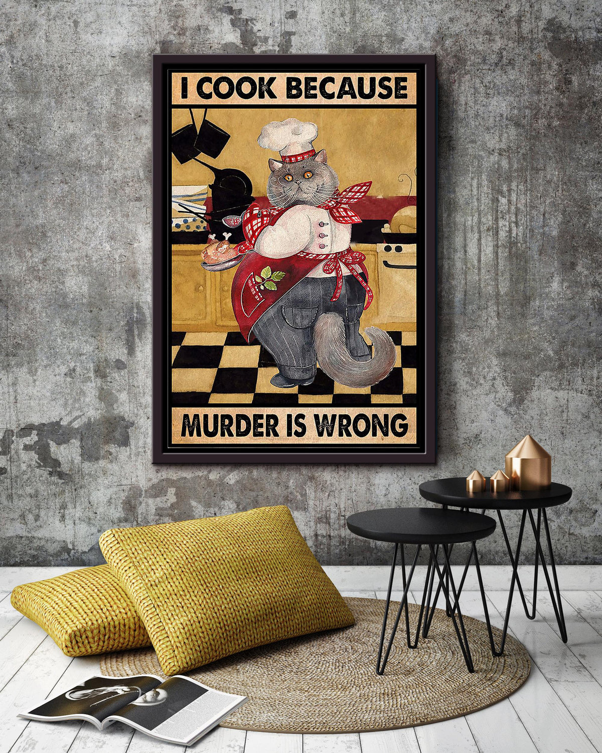 Cat Cooking Because Murder Is Wrong Funny Vintage For Kitchen Decor Framed Canvas