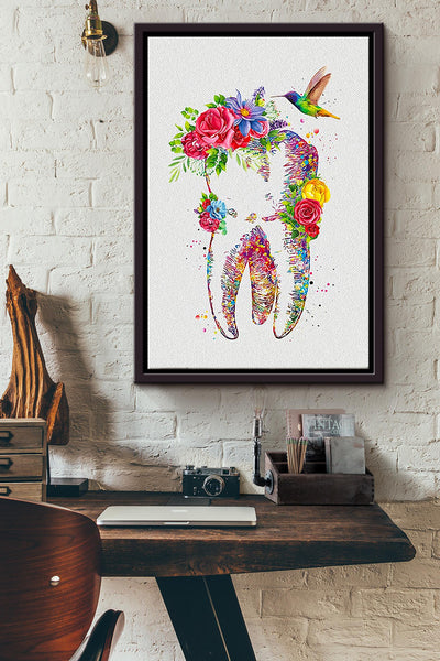 Hummingbirds Tooth With Flowers Colorful Poster Framed Matte Canvas