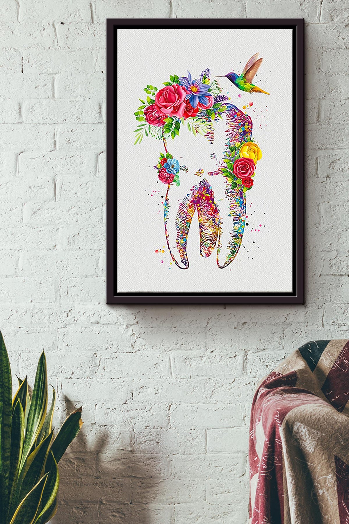 Hummingbirds Tooth With Flowers Colorful Poster Framed Matte Canvas