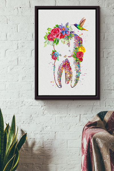 Hummingbirds Tooth With Flowers Colorful Poster Framed Matte Canvas