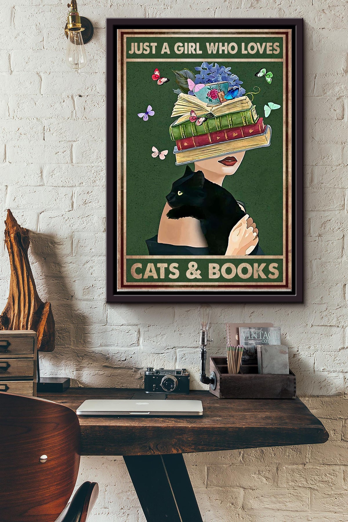Just A Girl Loves Cats And Books Poster - Decor Wall Art - Gift For Reader Reading Girl Library Author Cat Lover Cat Mom Framed Matte Canvas Framed Prints, Canvas