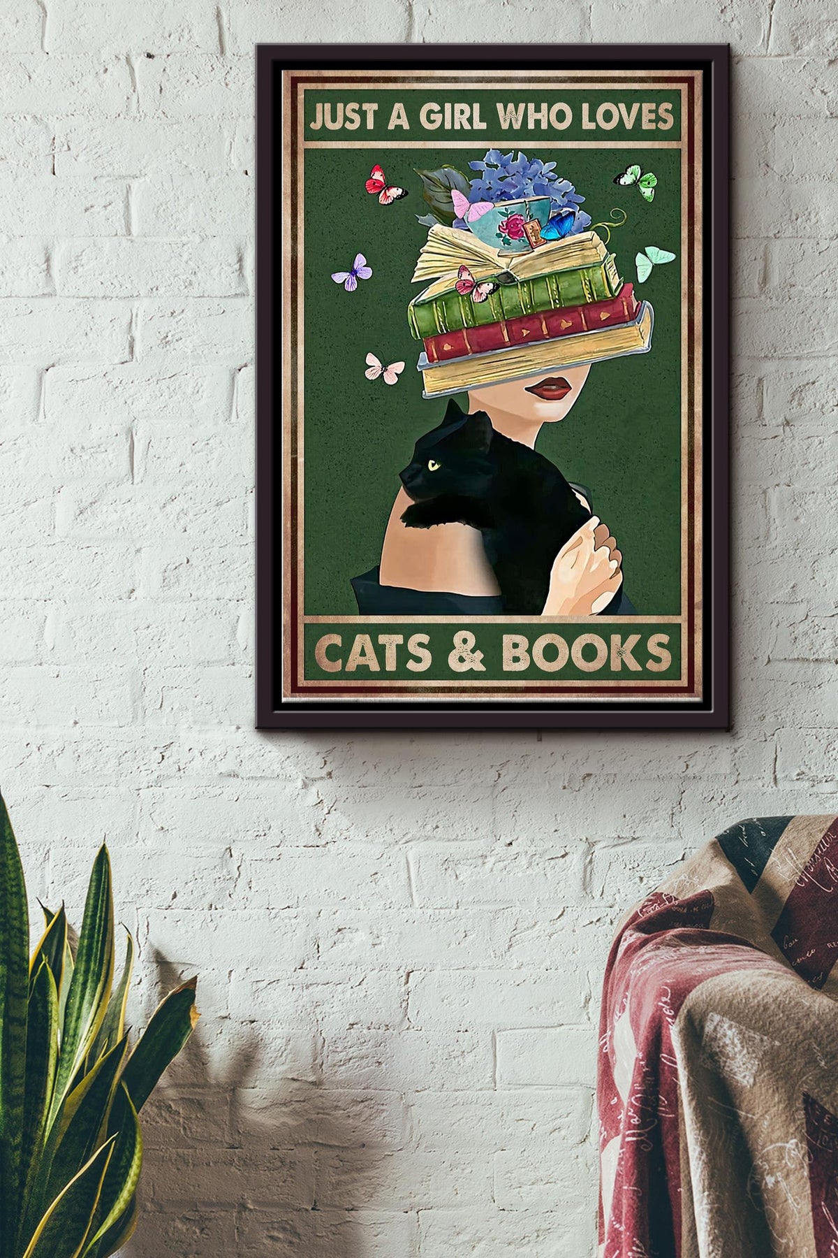 Just A Girl Loves Cats And Books Poster - Decor Wall Art - Gift For Reader Reading Girl Library Author Cat Lover Cat Mom Framed Matte Canvas Framed Prints, Canvas