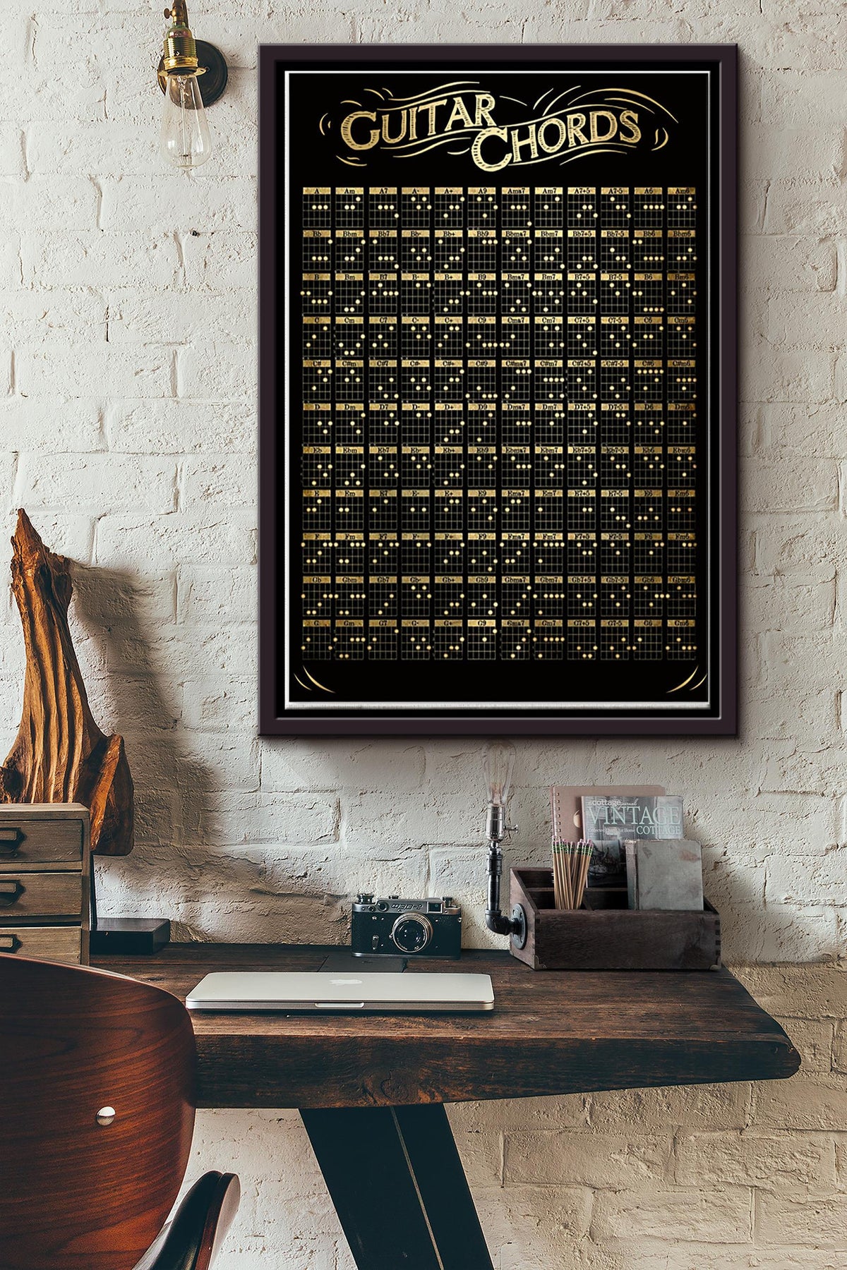 Guitar Chords Poster Black White Satin Poster Framed Matte Canvas