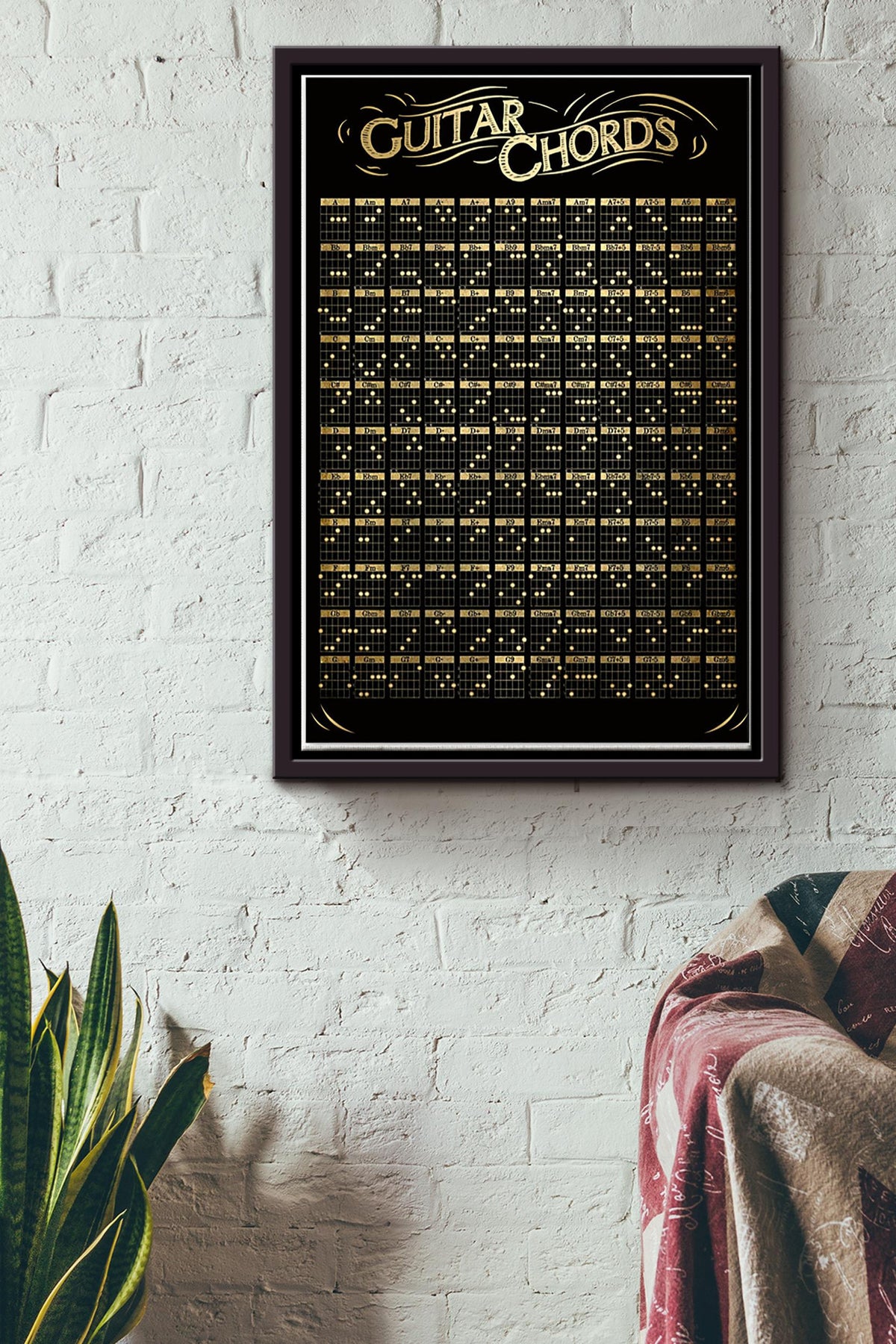 Guitar Chords Poster Black White Satin Poster Framed Matte Canvas